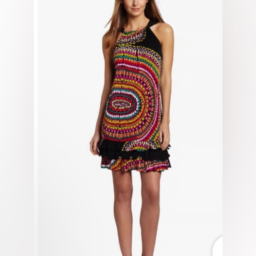 Tiana B. Ruffle Hem Sleeveless Dress Black Mosaic Sunset Print Size M